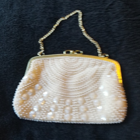 Handbags - Vintage Beaded Purse White Beads Linen Lining